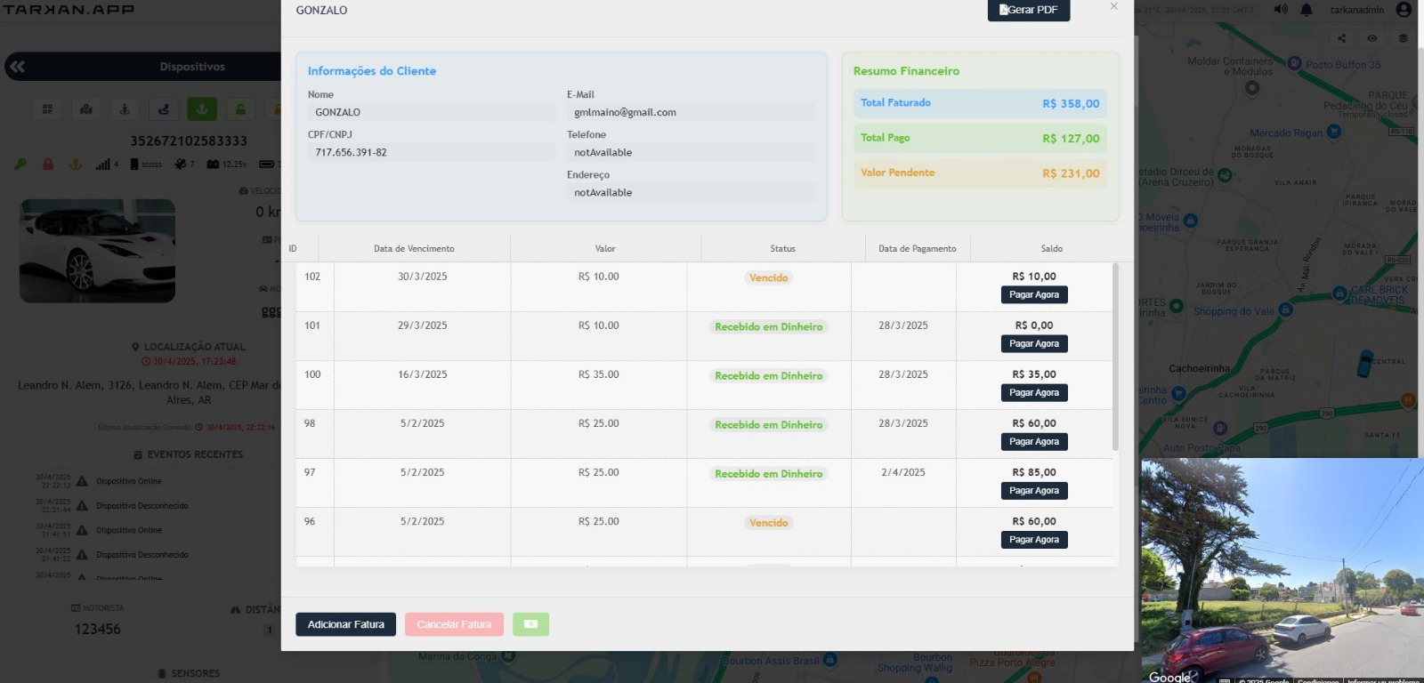 Interface do Tarkan Master mostrando gestão financeira